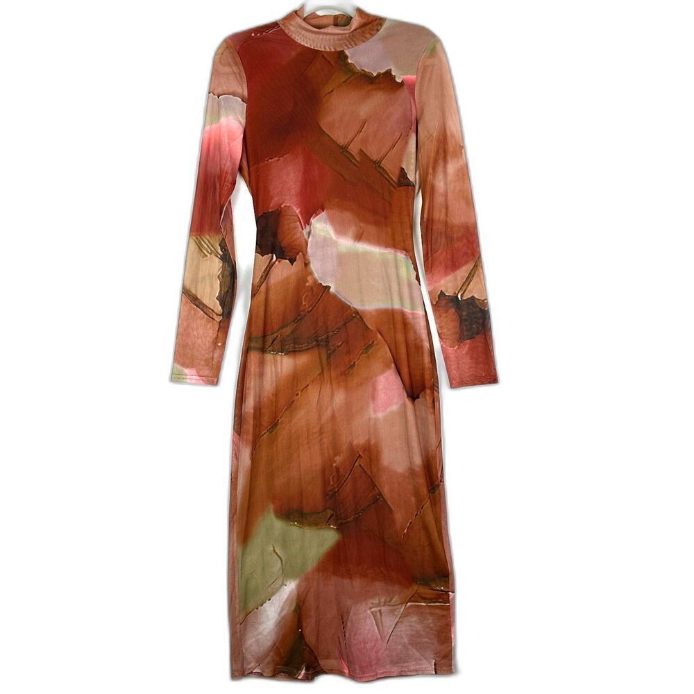 Vici Mesh Midi Dress Size Medium Artsy Abstract Bodycon Watercolor Stretch